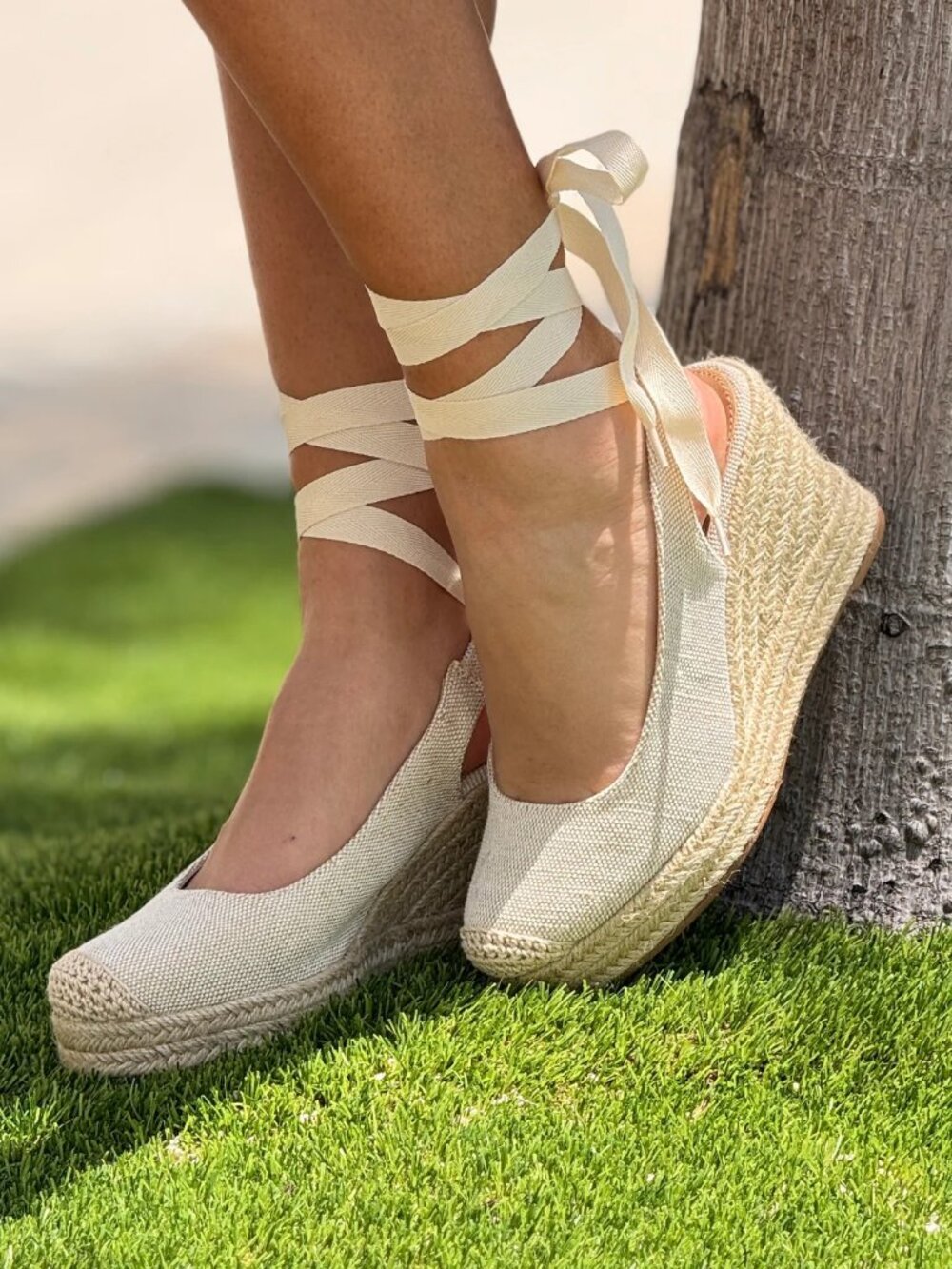 New Beige Crochet Lace-Up Boho Espadrille Raffia Jute Sandal Platform Wedge Heel